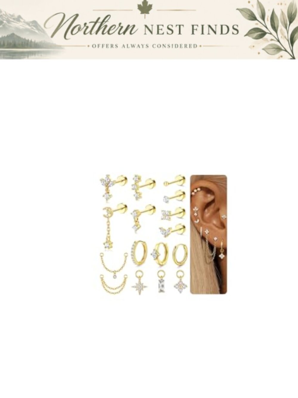 16G Flat Back Cartilage Earrings 316L Surgical Steel 16K Gold Plated Set